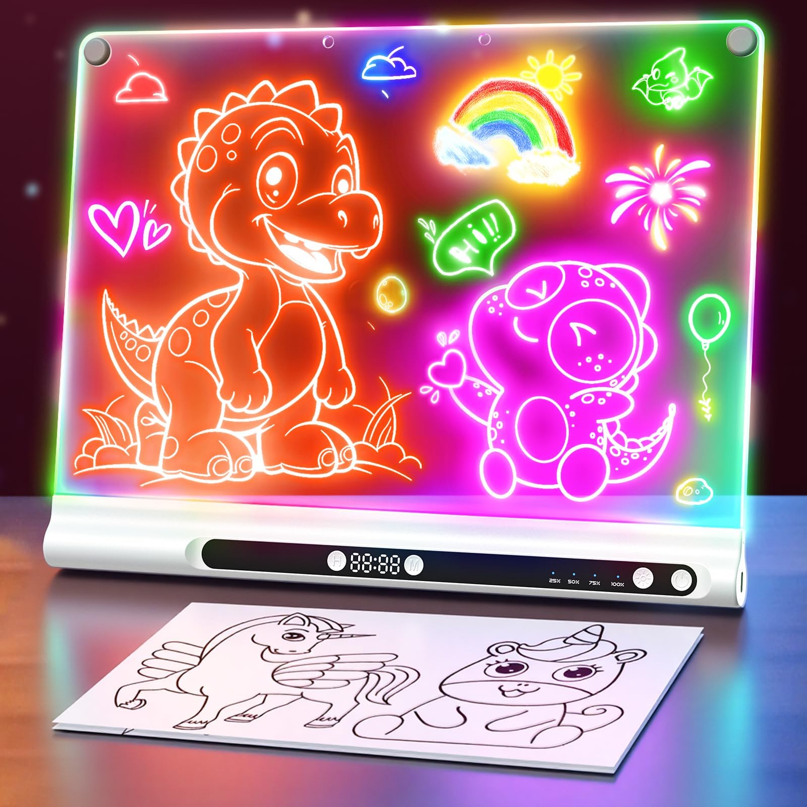 16“ Rechargeable LED Drawing Board, 9-Color Light Modes with Timer & Built-in Stand, Neon Art Dry Erase Glow Up Doodle Note Pad, Sketching Gift Toy for Kids/Girls, 6 Markers & Tracing Book Matte White