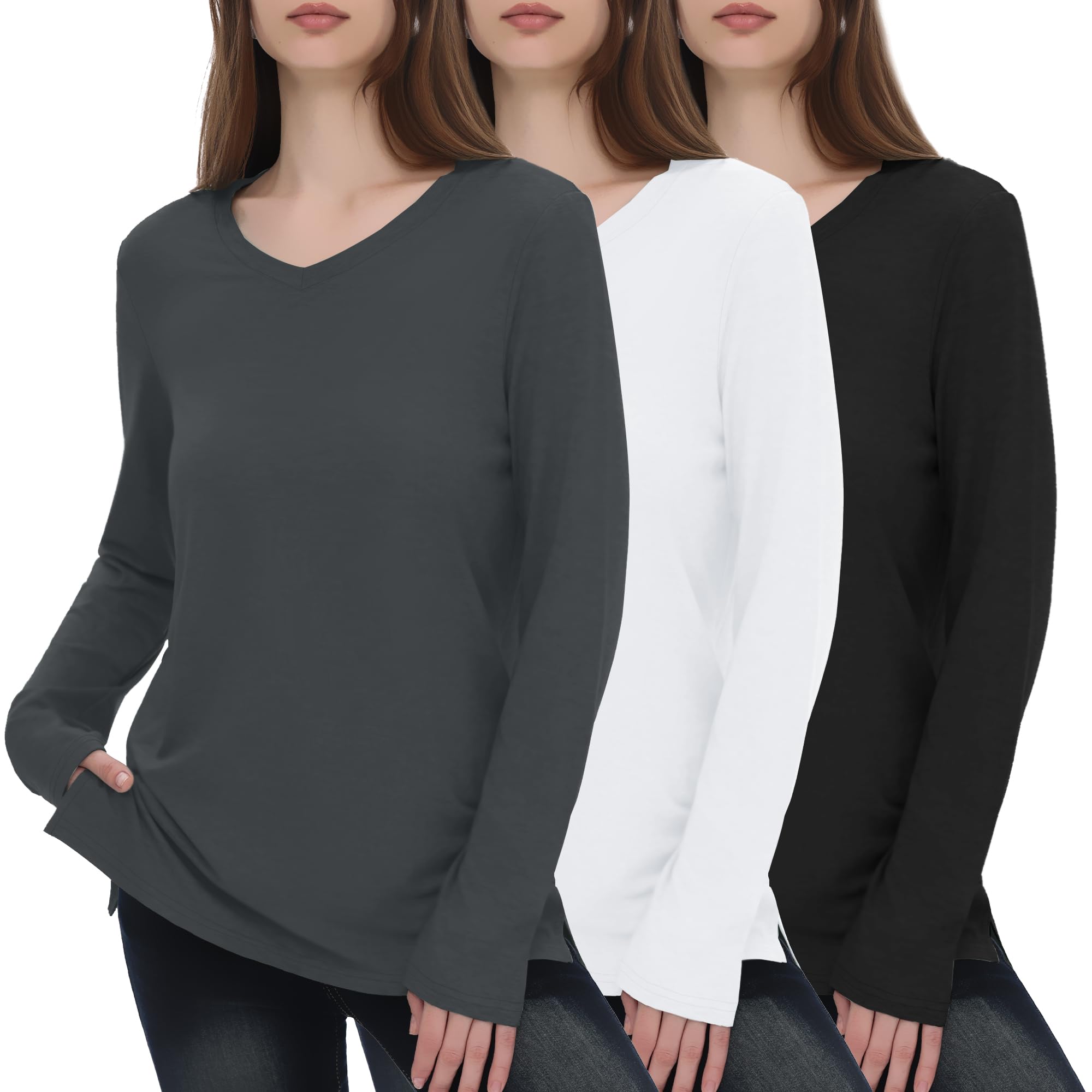GAYHAY V Neck T Shirts for Women 3 Pack Long Sleeve T-Shirt Basic Tee Winter Thick Casual Soft Loose Fit Layering Tops Fall Thin Outfits 2025 Multipack Black White Grey