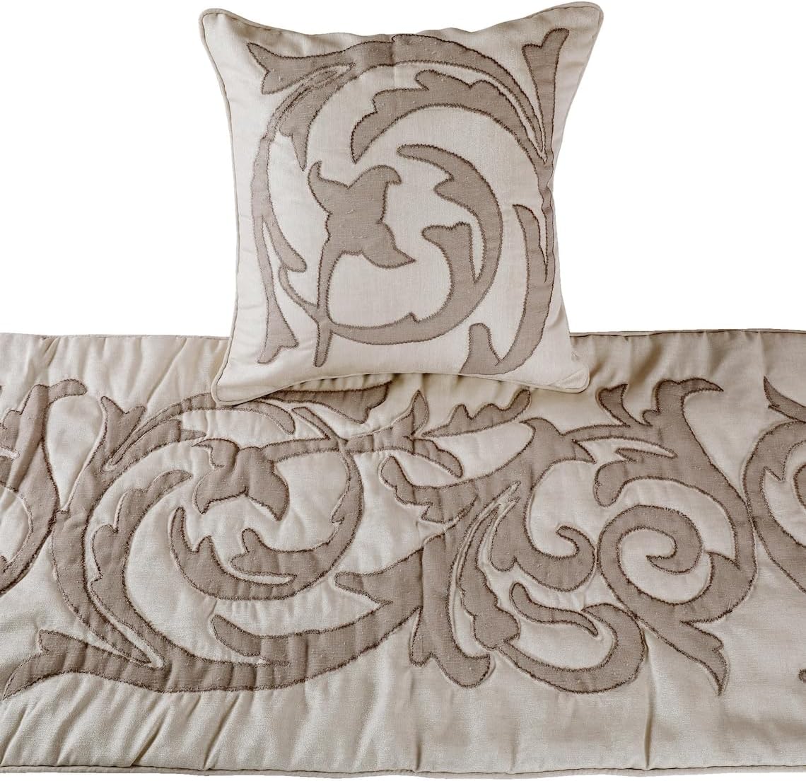 The HomeCentric Handmade Ivory & Beige King 90 x 18 inch Bed Runner with 2 Matching Pillow Cover, Linen Lurex Applique Bed Scarf, Abstract Modern - Pretty Dainty