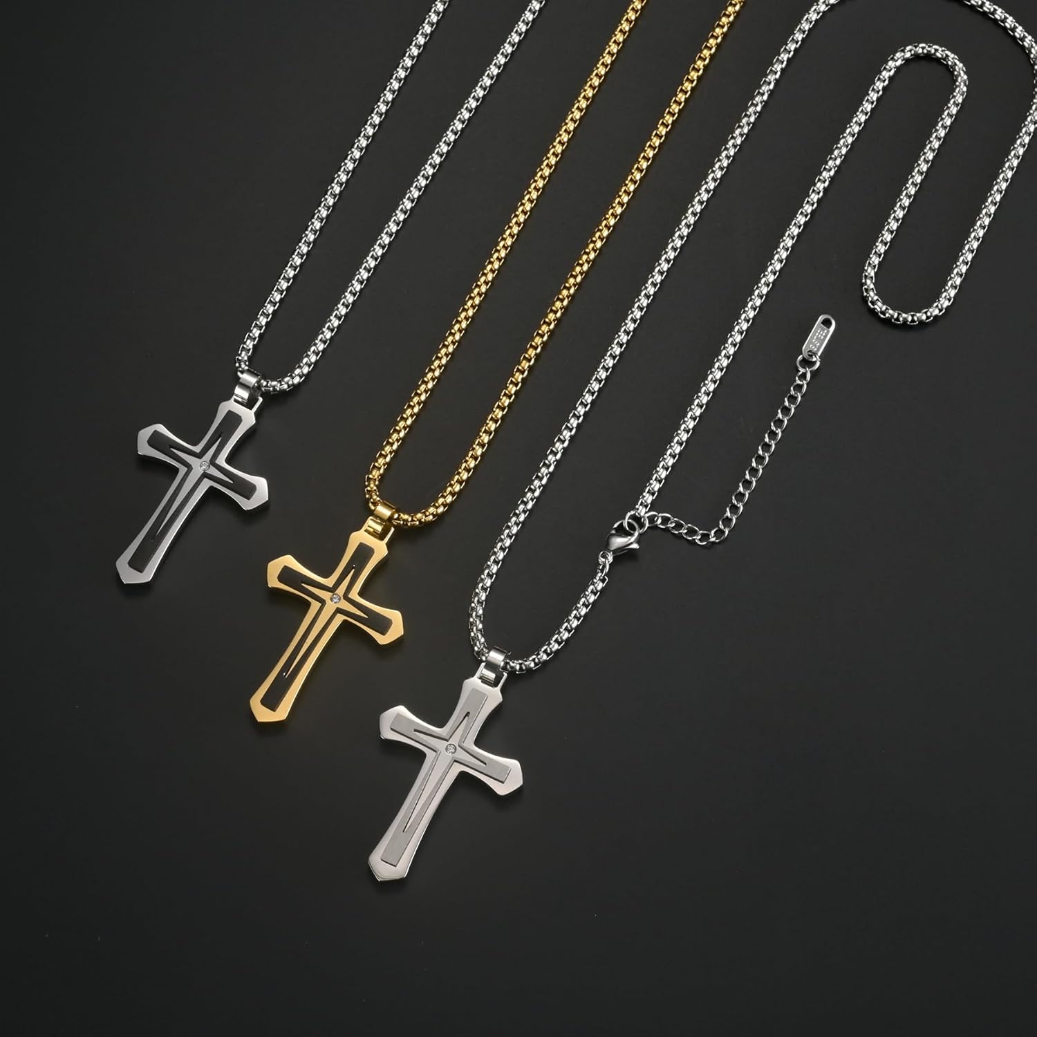 Cross Necklace for Men,Silver/Gold/Black Mens Cross Necklaces with 3mm Cross Chain and Stainless Steel Cross Pendant Jewelry Gifts,Rolo Chain 22-24 Inch - Image 5