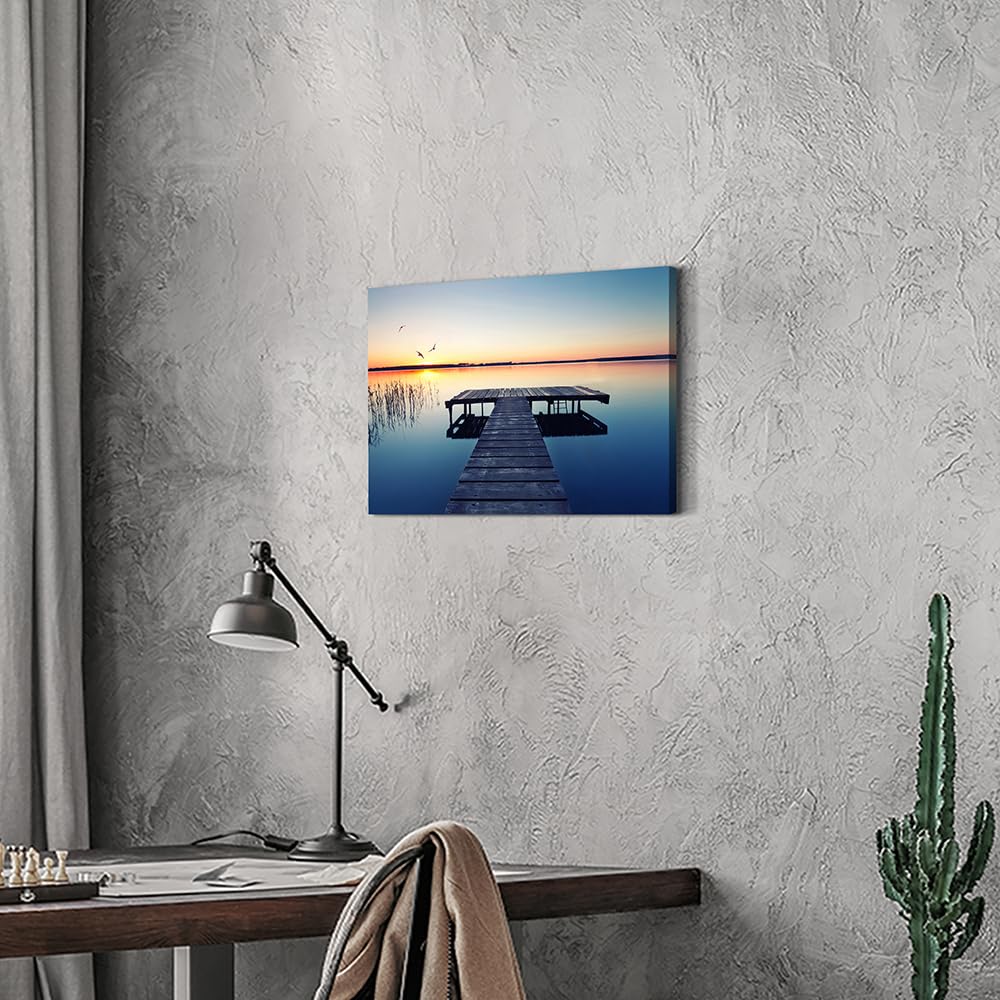lake wall art pier picture: scenic nature canvas wall art lake scene artwork dock scenery wall decor painting - sunset landscape prints for bedroom house 16
