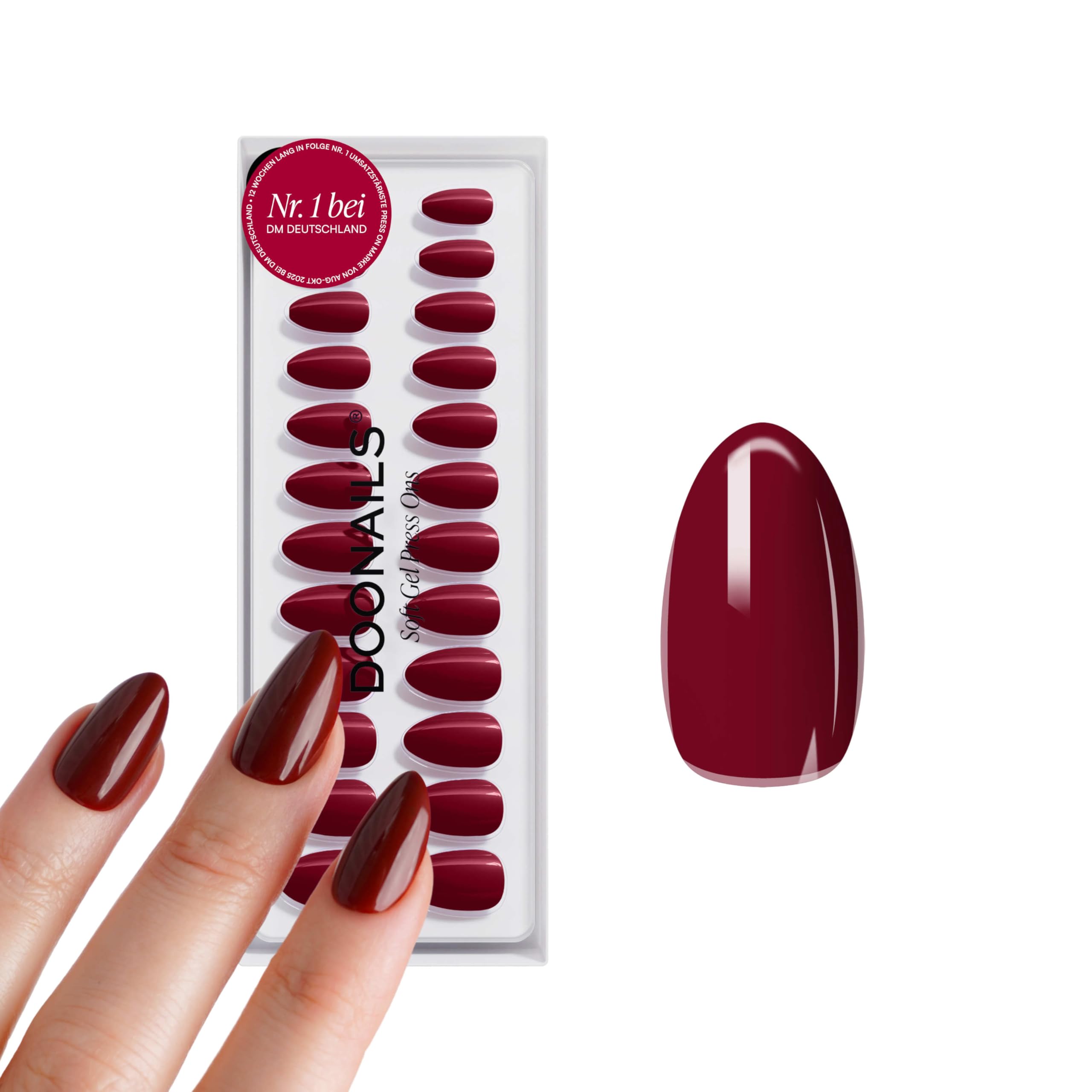 DOONAILS® Soft Gel Press On Nails 30er Set Love Paris – Almond Short Dunkelrot – Nägel zum Aufkleben, Full Cover Fake Nails, Salonqualität