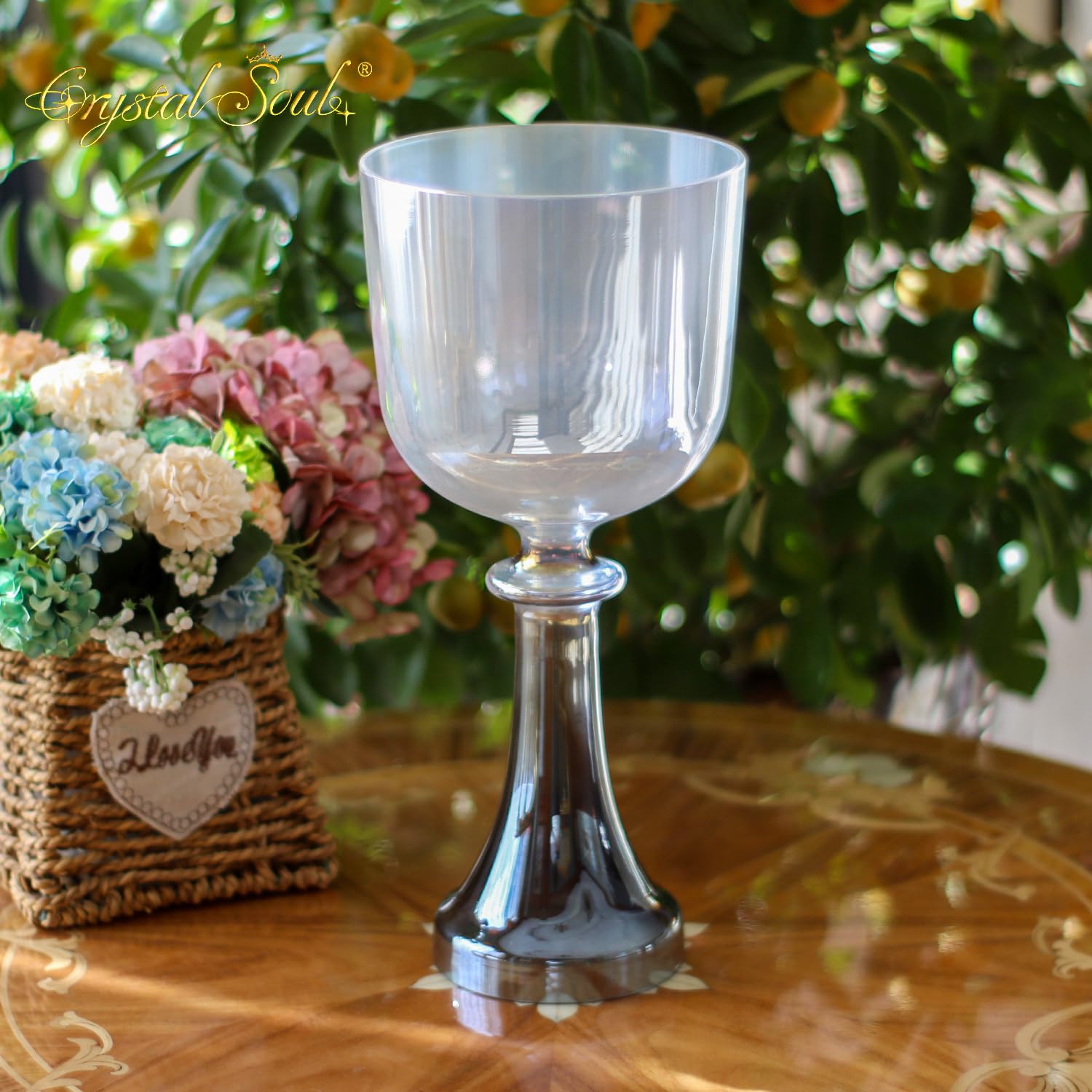 Crystal Soul Heiliger Kelch Kristall-Klangschale Quarz Perlen-Farbverlauf 14 cm 432 Hz A# Note Klangbadinstrument
