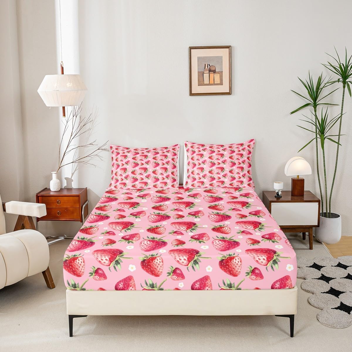 jejeloiu Strawberry Sheet Set King Size Kids Pink Tropical Fruit Sheets with Deep Pocket Fitted Sheet for Boys Girls Teens Floral Bed Sheets Set