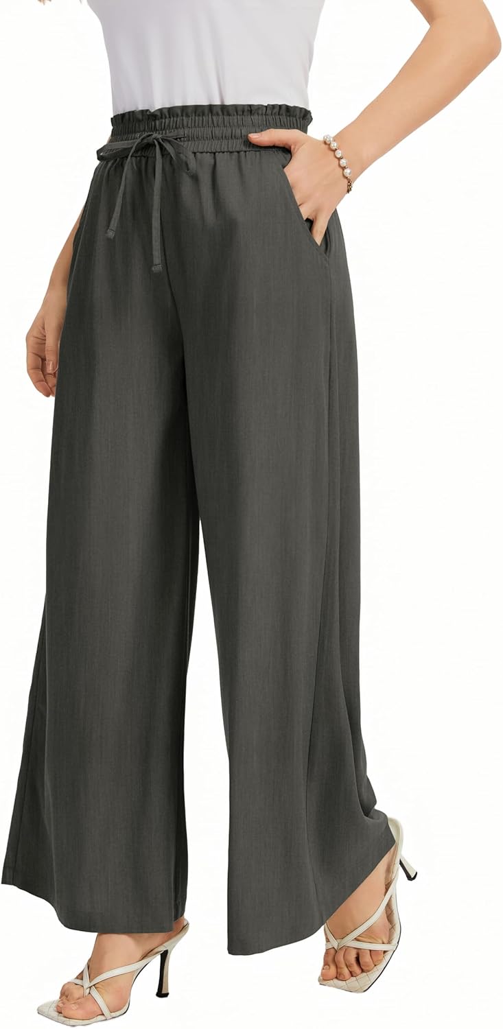 Wide Leg Casual Pants Women Elastic Drawstring Waisted Palazzo Cropped Trousers Baggy Slacks with Pockets - Image 2