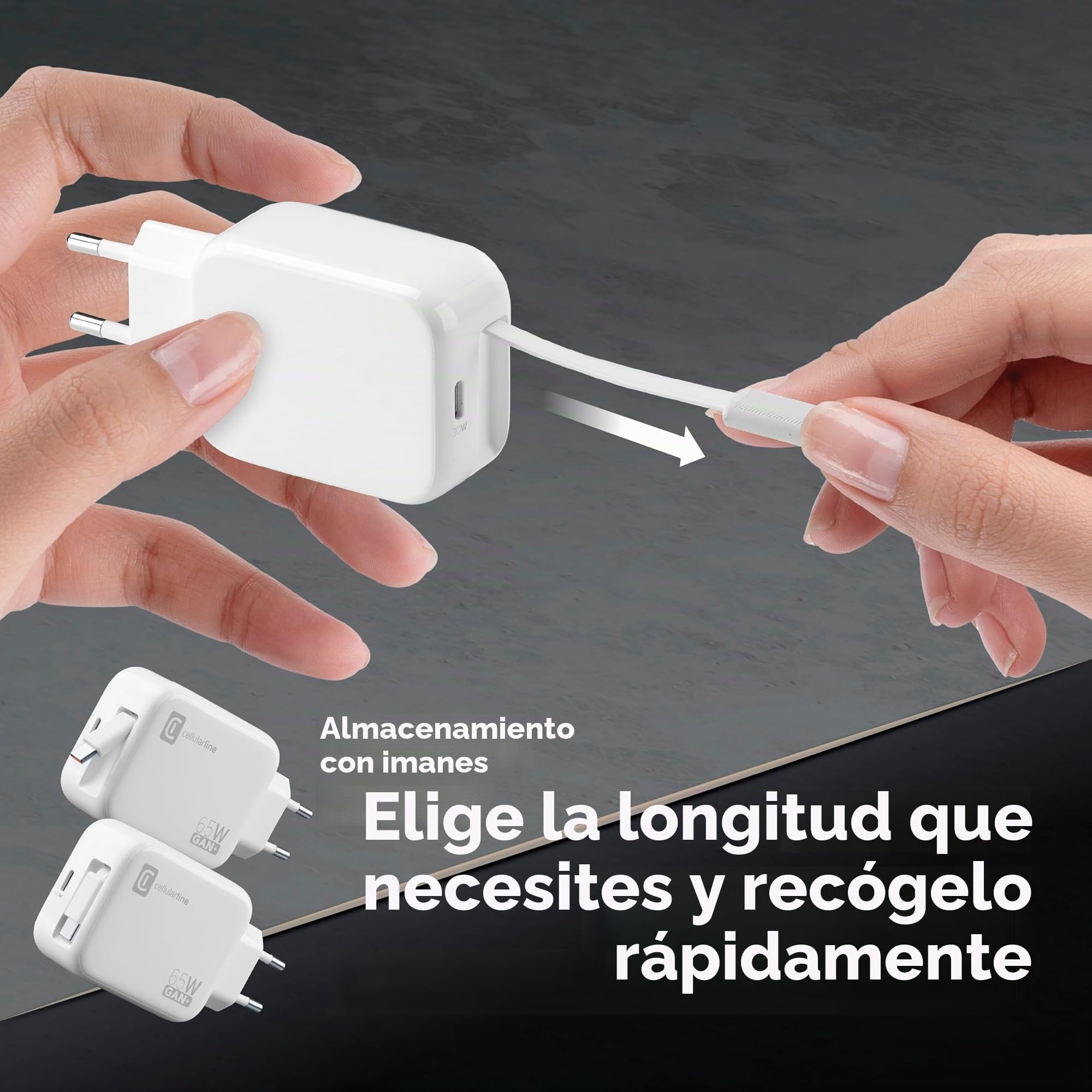 Cargador de Pared Cellularline 65W con Cable USB-C Retráctil de 90 cm, Tecnología GAN, Doble Puerto USB-C Power Delivery, Compacto para Smartphones, Tablets y Portátiles, Blanco