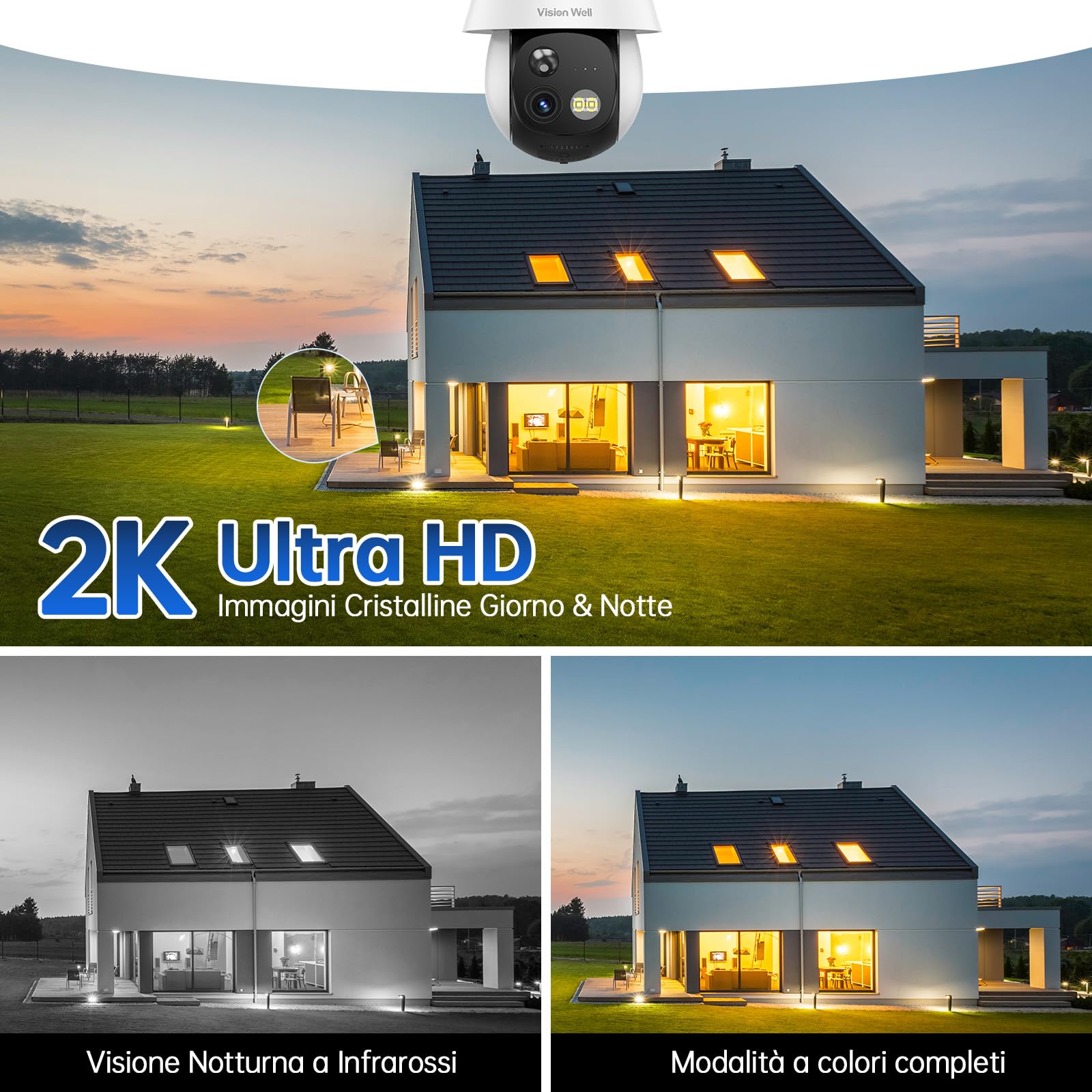 Telecamera Wi-Fi Esterno Solare Senza Fili 2K (3MP) - Videocamera Sorveglianza PTZ 360° Visione Notturna a Colori, Rilevamento Umano PIR, Sirena e Faretto, Audio Bidirezionale, Impermeabile IP65