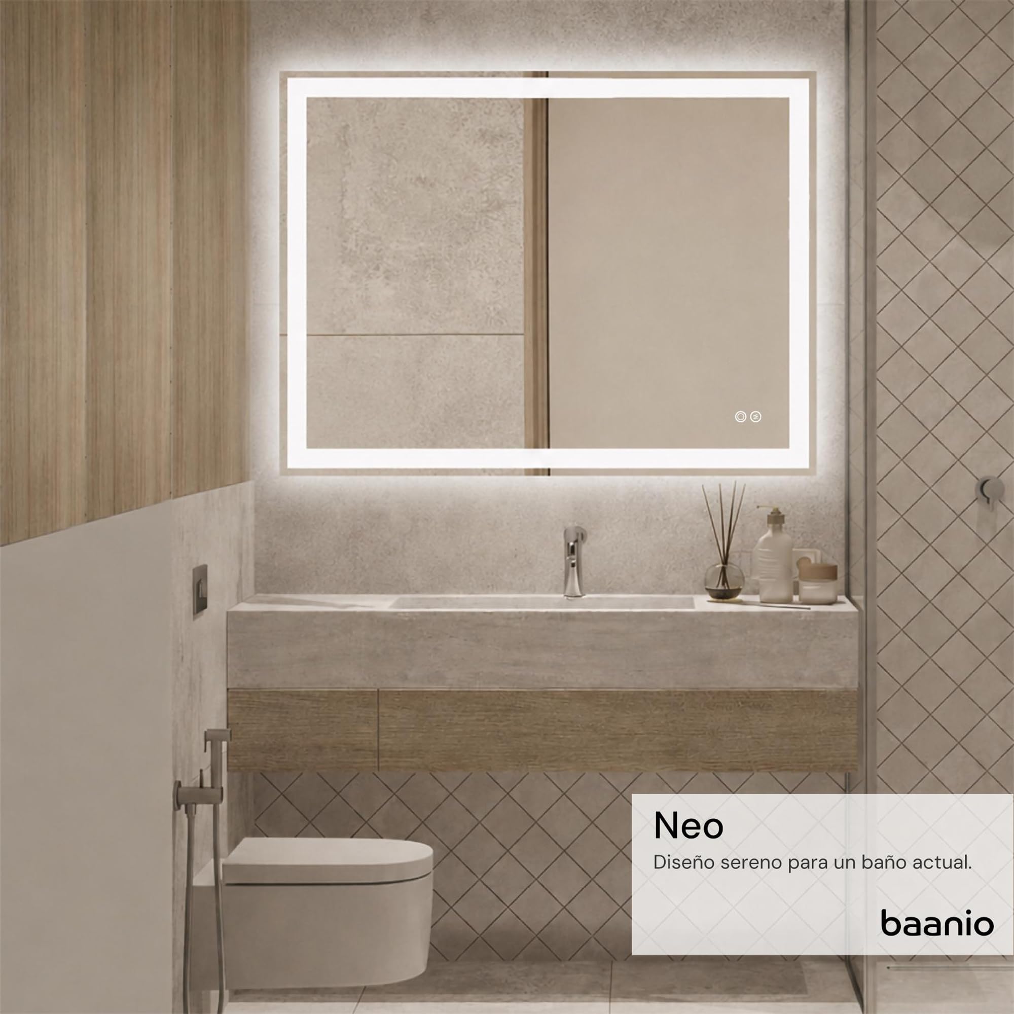 Neo – Espejo Baño LED Rectangular 80x100 cm con Antivaho – Luz Frontal y Retroiluminado, Luz Regulable 3 Tonos, Interruptor Táctil, Montaje Horizontal o Vertical