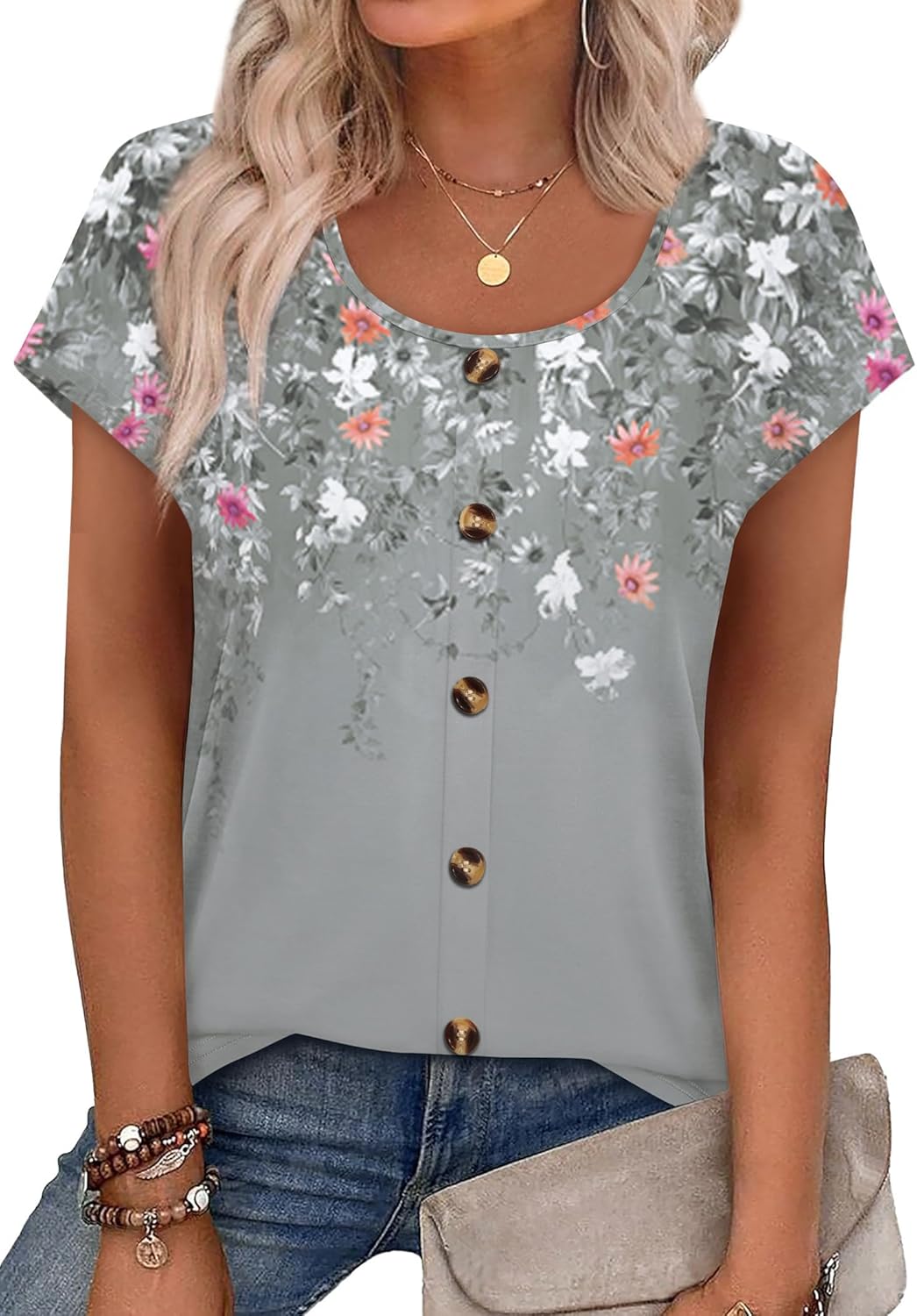 WIHOLL Womens Summer Tops Cap Short Sleeve Shirts Button Down Blouses U Neck T Shirts Fashion Clothing