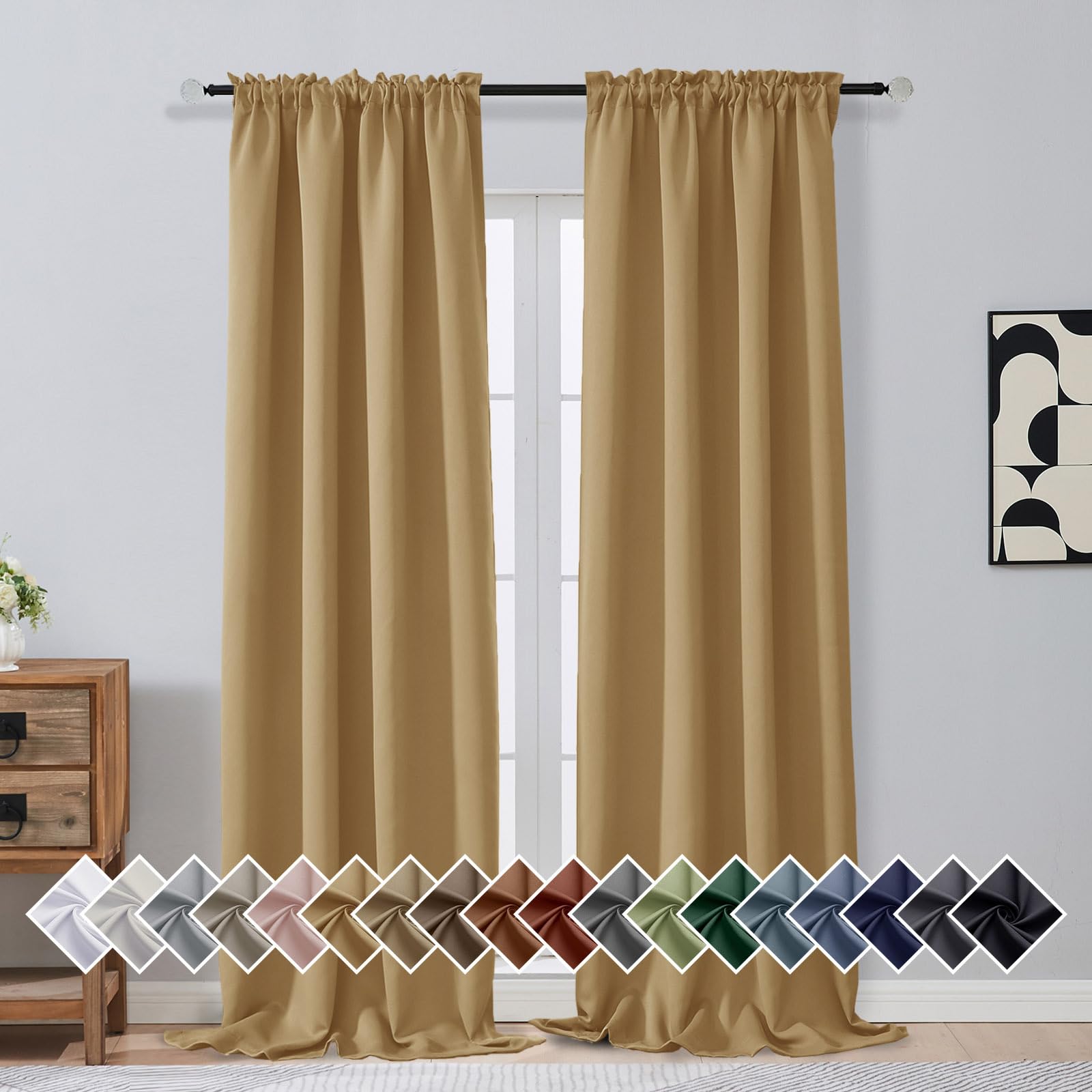 OVZME Gold Blackout Curtains for Bedroom 96 Inches Long 2 Panels, Soft Fabric Solid Blackout Curtains, Room Darkening Living Room Window Treatments, Dual Rod Pocket Window Drapes, 2x40Wx96L Inches