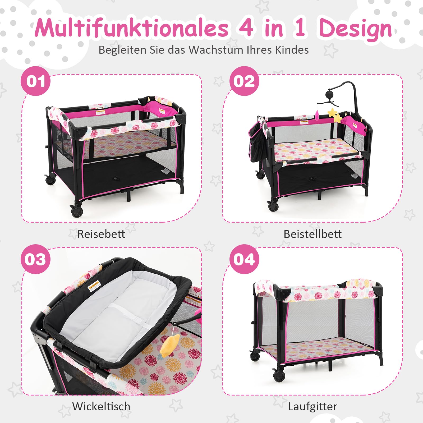 DREAMADE 4 in 1 Kinderreisebett Klappbar, Babybett Höhenverstellbar mit Wickeltisch, Beistellbett mit Tragetasche, für Baby 0-36 Monate