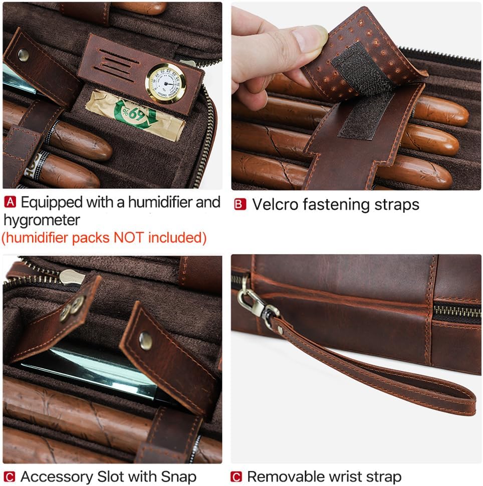 CONTACTS Full Grain Leather Cigar Case Travel Cigar Humidor for 7 Cigars Accessories Organizer Large Capacity Built-In Hygrometer Humidifier