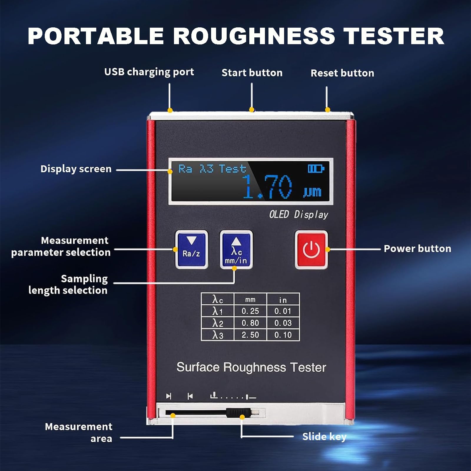Misuratore del tester di rugosità delle superfici, profilo digitale per la misurazione di rugosità di superficie Ra 0.05 a 15.0um, Rz 0.1 a 50um, visualizzazione in tempo reale