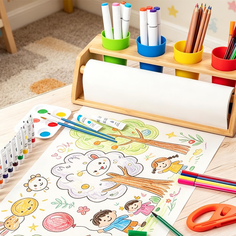 Tisch Malpapier Kinder Maltischdecke mit Bambus-Halter & ungiftigen Farben – Rutschfeste Staffelei – 35-teiliges Kreativ-Set inkl. 12 Stiften, Pinseln, Sicherheits-Papierschneider & Papierrolle