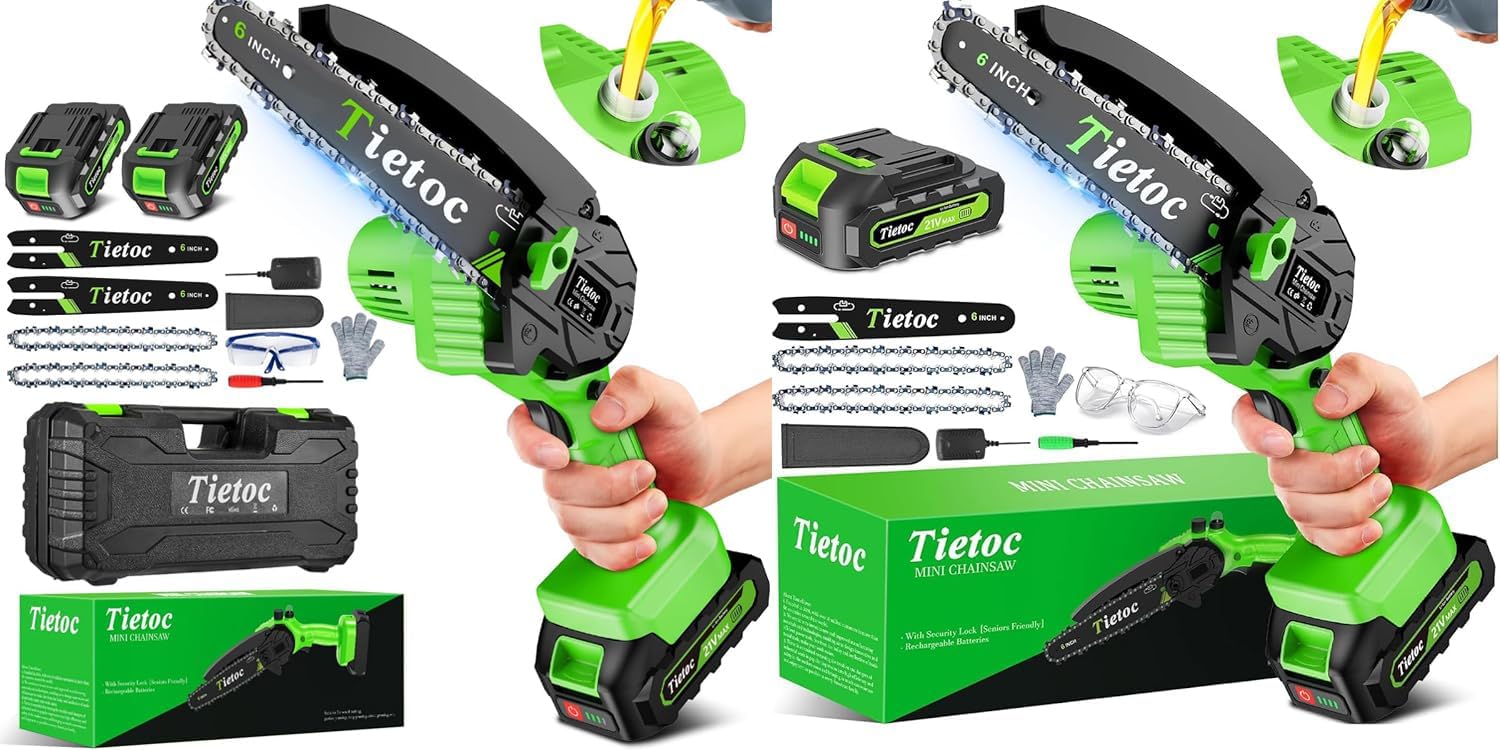 tietoc Mini Chainsaw 6 Inches Cordless, Includes chainsaw with 1 battery and 2 chains and chainsaw with 2 batteries and 2 chainsaws