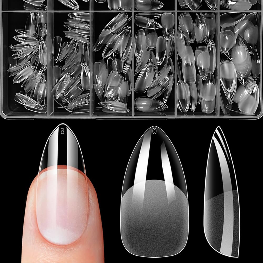 ZIFUTON 600 Piezas Uñas Postizas Almendradas Cortas Medio Transparentes-10 Tamaños Soft Gel Tips Uñas Puntas de Uñas de Gel Tips Cobertura Total, Para Salones de Uñas y Manicuras DIY-Medio Almond