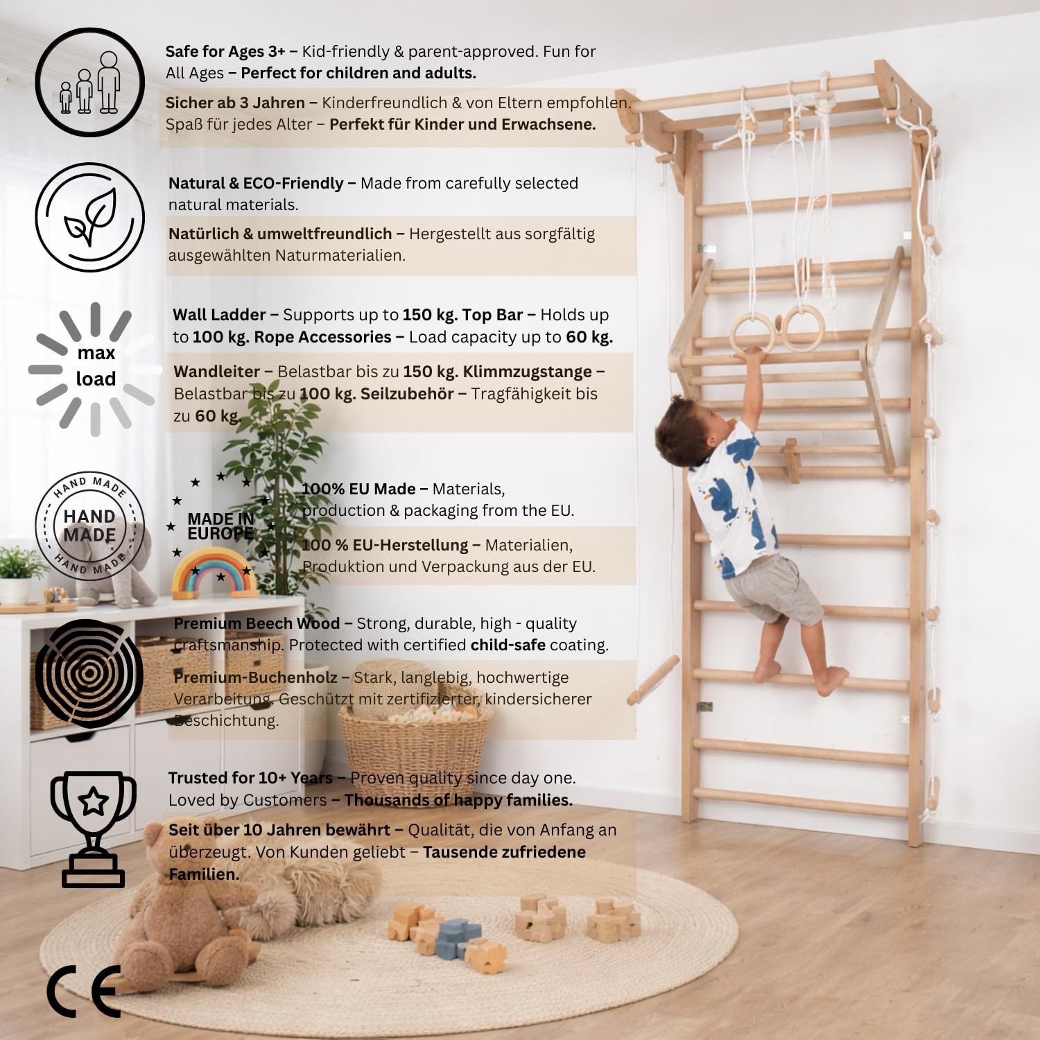 Klettergerüst aus Holz – Indoor Kletterwand Kinder-4-220 Sprossenwand & Turnwand, Kletterwand, Holz Kletterturm
