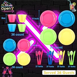 Supernal 216pcs Plastic Dinnerware Set include Rainbow Disposable Plates for Party Heavy Duty,Colorful Disposable Cups,Plastic Silveware in Neon Pink,Blue,Green,Yellow, Pefect for Birthdays