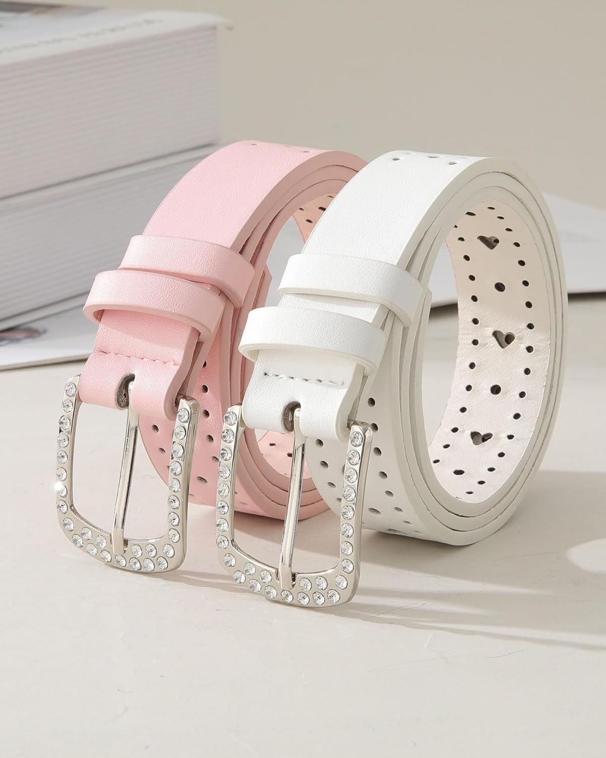 AWAYTR 2 Pcs Girls Leather Belt, With Rhinestone Buckle Kids Western Belt With Heart Cutouts for Dress Jeans - Image 6