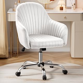 Warmiehomy Office Chair, Velvet Desk Chair for Home Office, Cozy Vanity Chair, Girl Cute Makeup Chair with Arm Rest for Bedroom Dressing Room (Cloud White)