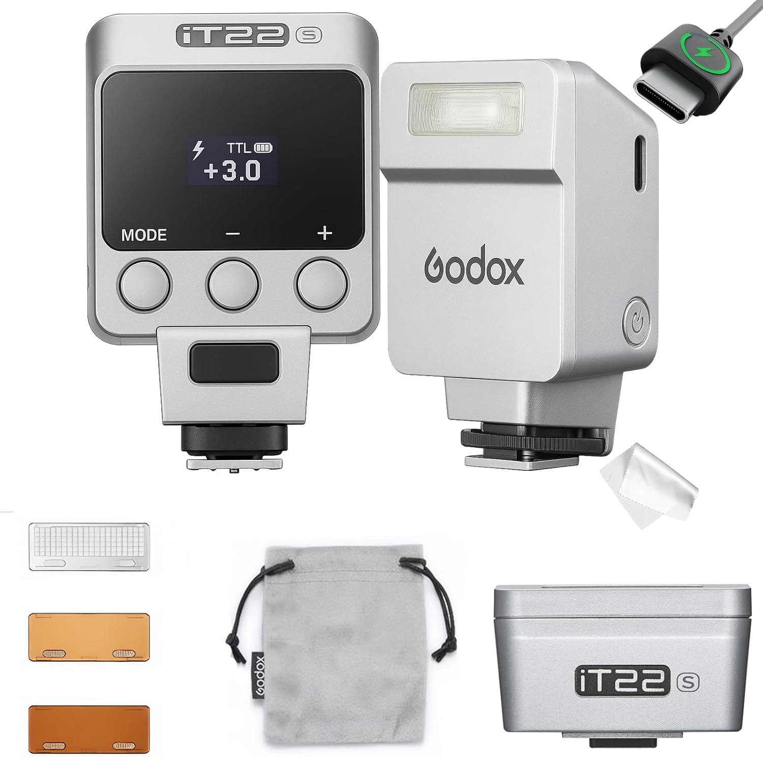 Godox Flash Godox iT22 S iT22S Mini TTL Flash for Sony Camears,700 Full Flash,1.5s Recycling,Hot Shoe Triggering,USB-C Charging, with Magnetic Diffuser & Filter (Silver)