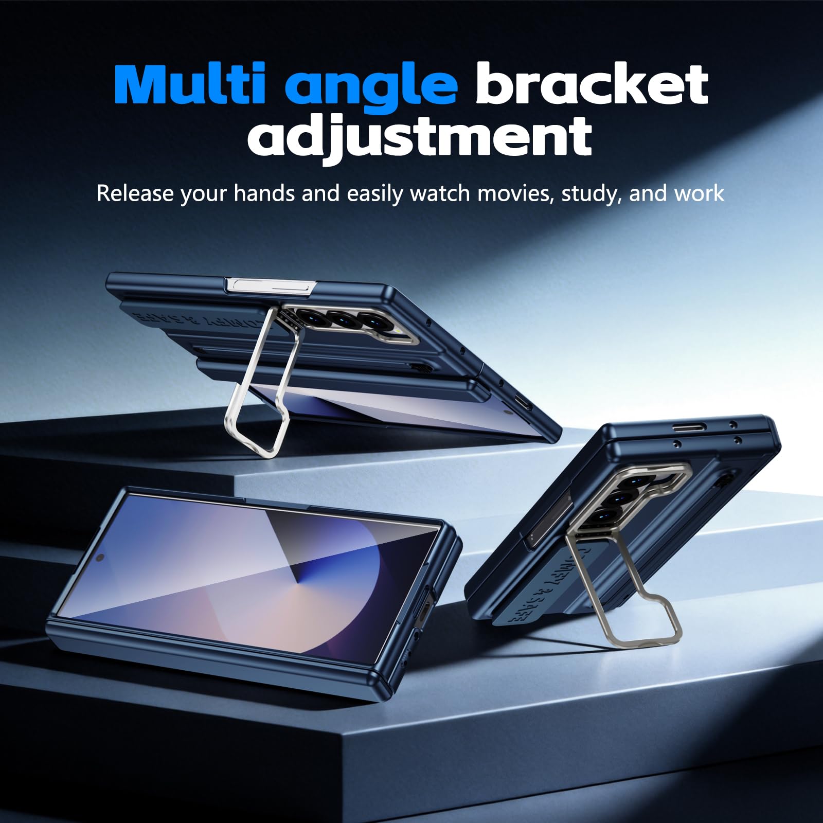 Etui do Galaxy Z Fold 6 z paskiem na palec, ochroną zawiasów, wbudowanym uchwytem na długopis i rysikiem, podpórka do Samsung Galaxy Z Fold6 z osłoną ekranu - ciemnoniebieskie