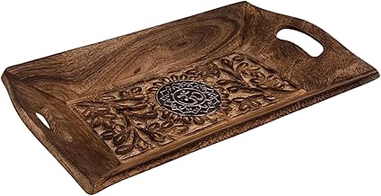 Diko.style - Decorative Wooden Tray - Oriental Style with Decorative Buddhas, Lucky Elephant and More to Choose from - 25.5 x 15 x 4 cm (Om)
