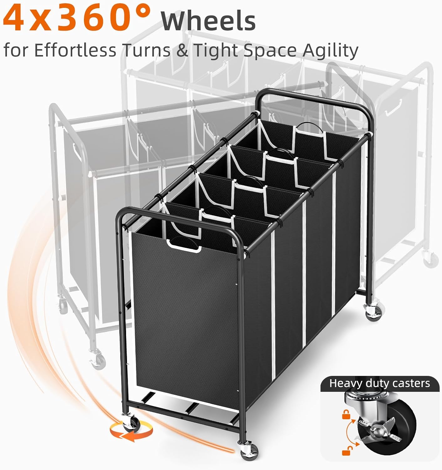 Black 4-Compartment Rolling Laundry Sorter with Removable Bags