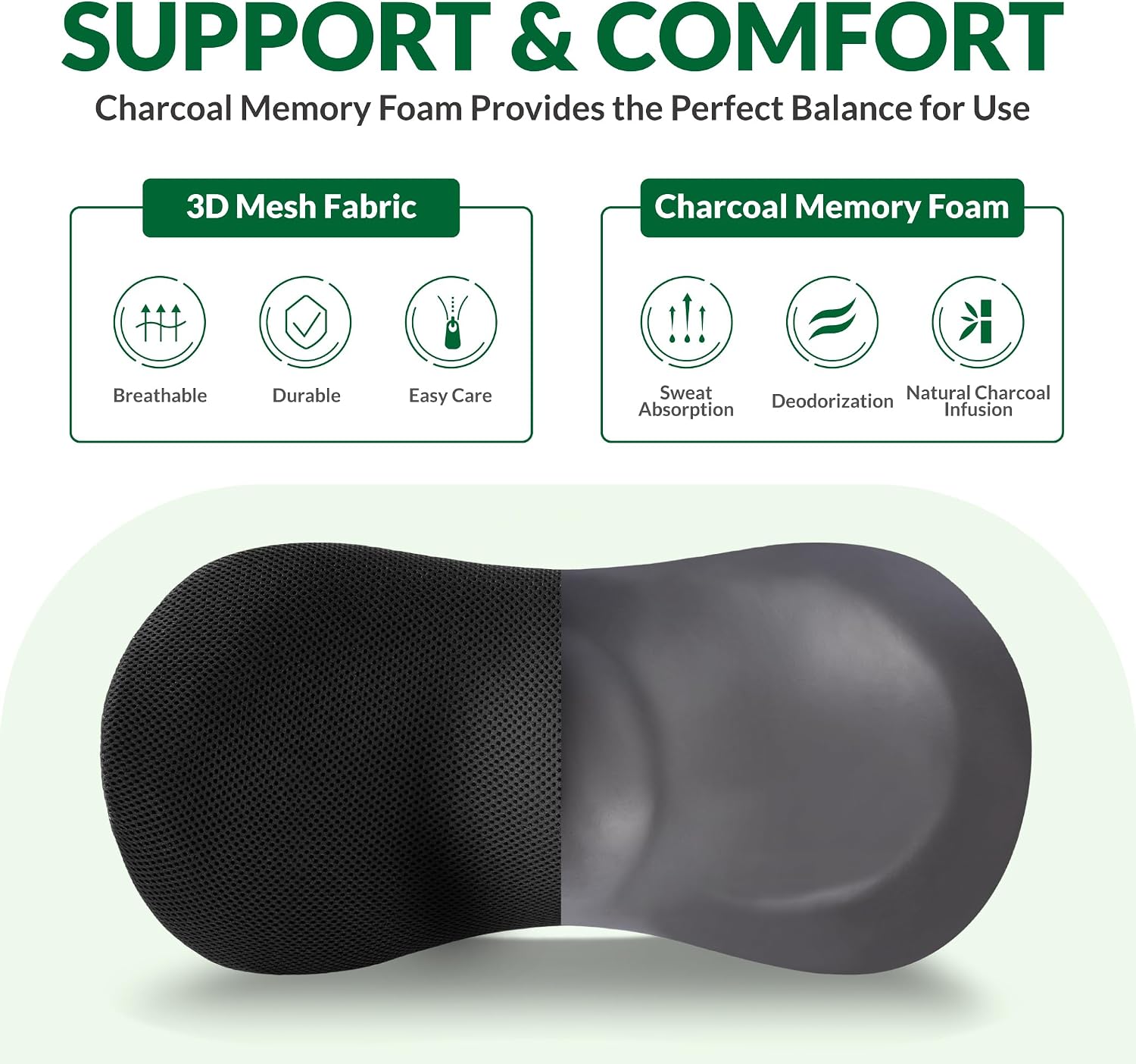 Lumbar Support Pillow for Office Chair, Charcoal Memory Foam Lumbar Pillow for Car Bed Recliner, Lower Back Support Pillow for Pain Relief (Black)
