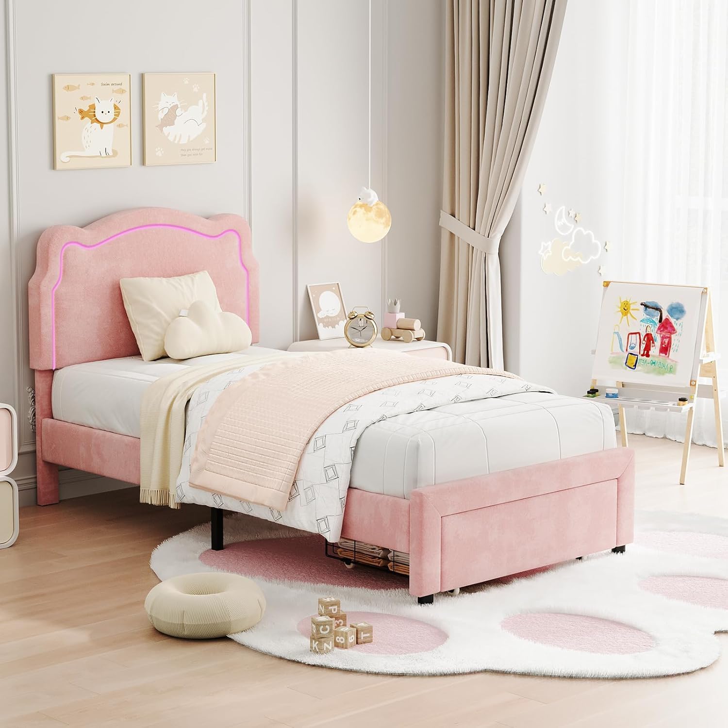 Twin Upholstered Bed Frame with Smart LED, Velvet Princess Platform Bed with Adjustable Headboard, Wood Slats Support, Easy Assembly, No Box Spring Needed (Pink with Drawer)