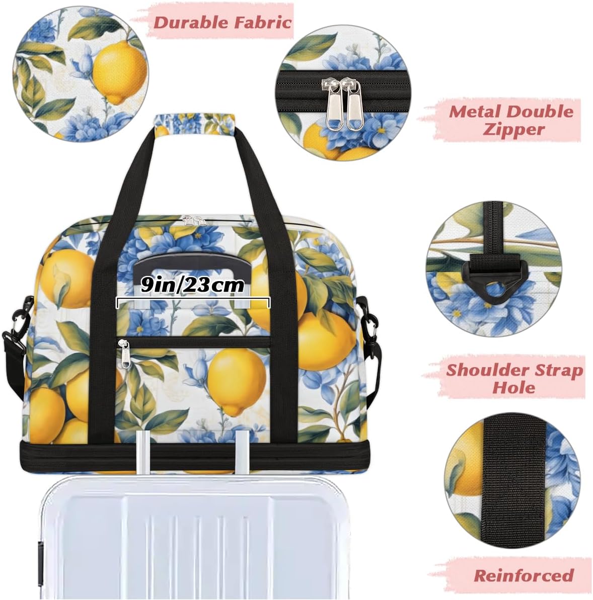 QsirBC Lemon Plants Decor Gym Bag for Women Duffle Tote with Shoes Compartment Men Weekender Duffel for Dance Travel Sports Swimming Overnight