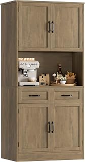 HOSTACK 71“ Tall Kitchen Pantry Storage Cabinet, Modern Kitchen Hutch Bar Cabinet with Microwave Stand, Wood Buffet Sideboard with Hutch, Cupboard with Drawers, Shelves for Dining Room, Rustic Brown