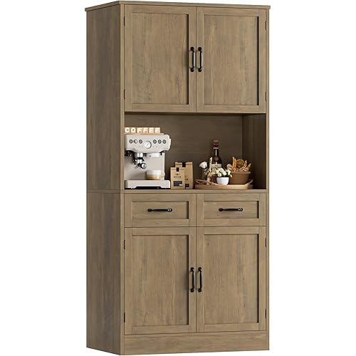 HOSTACK 71“ Tall Kitchen Pantry Storage Cabinet, Modern Kitchen Hutch Bar Cabinet with Microwave Stand, Wood Buffet Sideboard with Hutch, Cupboard with Drawers, Shelves for Dining Room, Rustic Brown