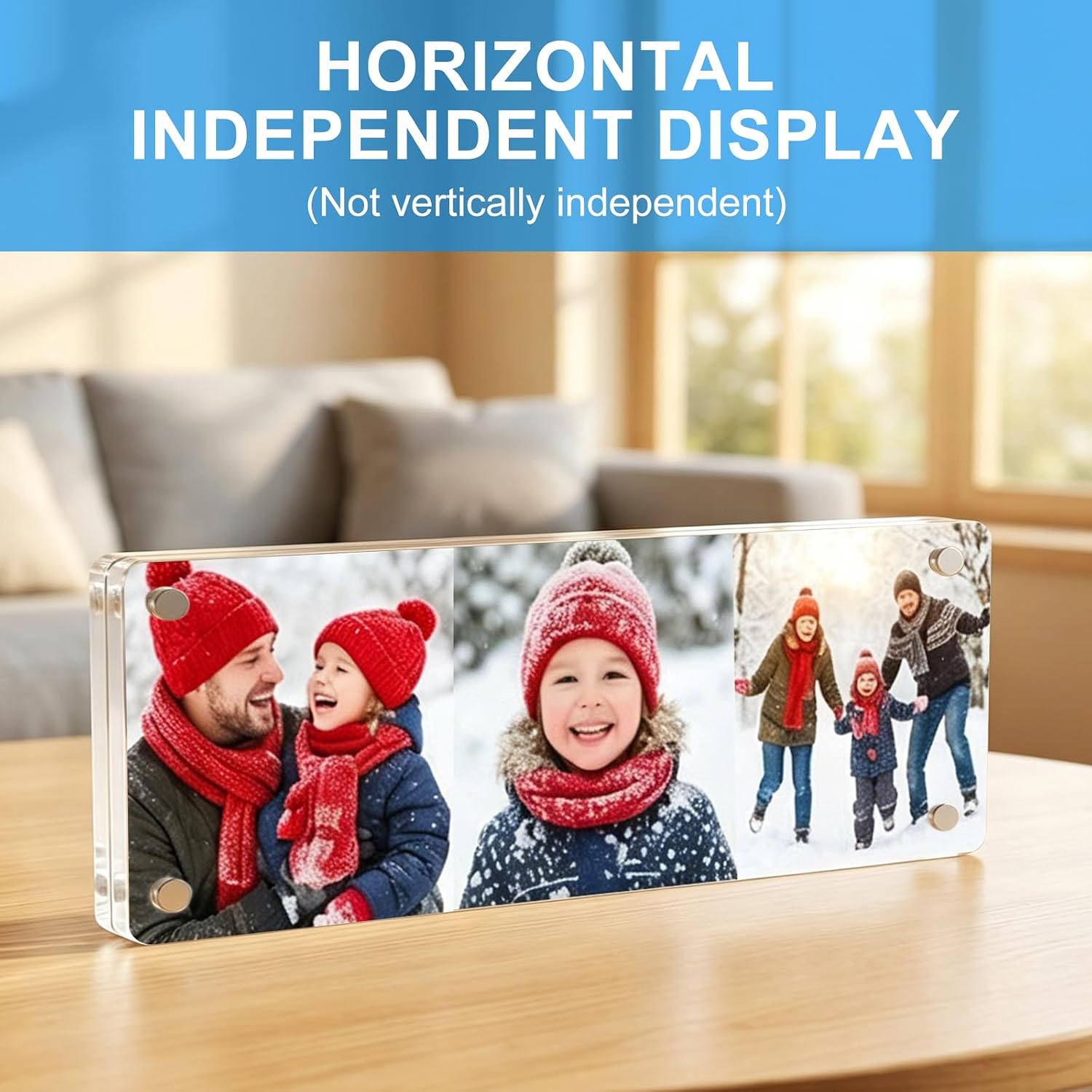 Photo Booth Frame, 3 Pack Magnetic 2x6 Acrylic Frameless Photo Strip Frames, Double-Sided Display, Strong Magnets for Fridge & Metal Surfaces, Horizontal Desktop Stand