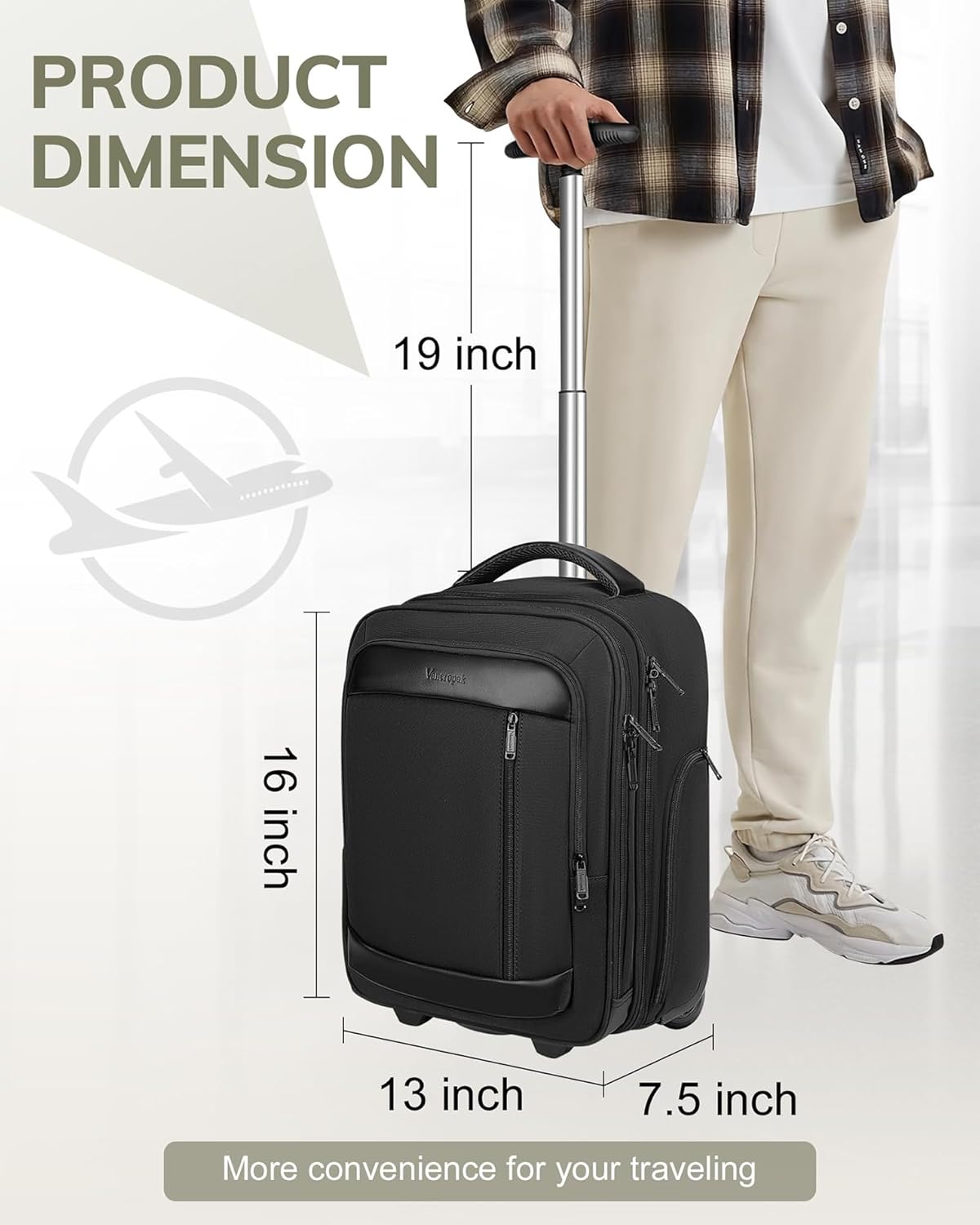 Vancropak Carry on Luggage with Wheels, Multi-functional Airline Approved Underseat Carry-On Rolling Suitcase, 15.6" Lightweight Overnight Weekender Bag Travel Business Roller for Men Women, Black - Image 4