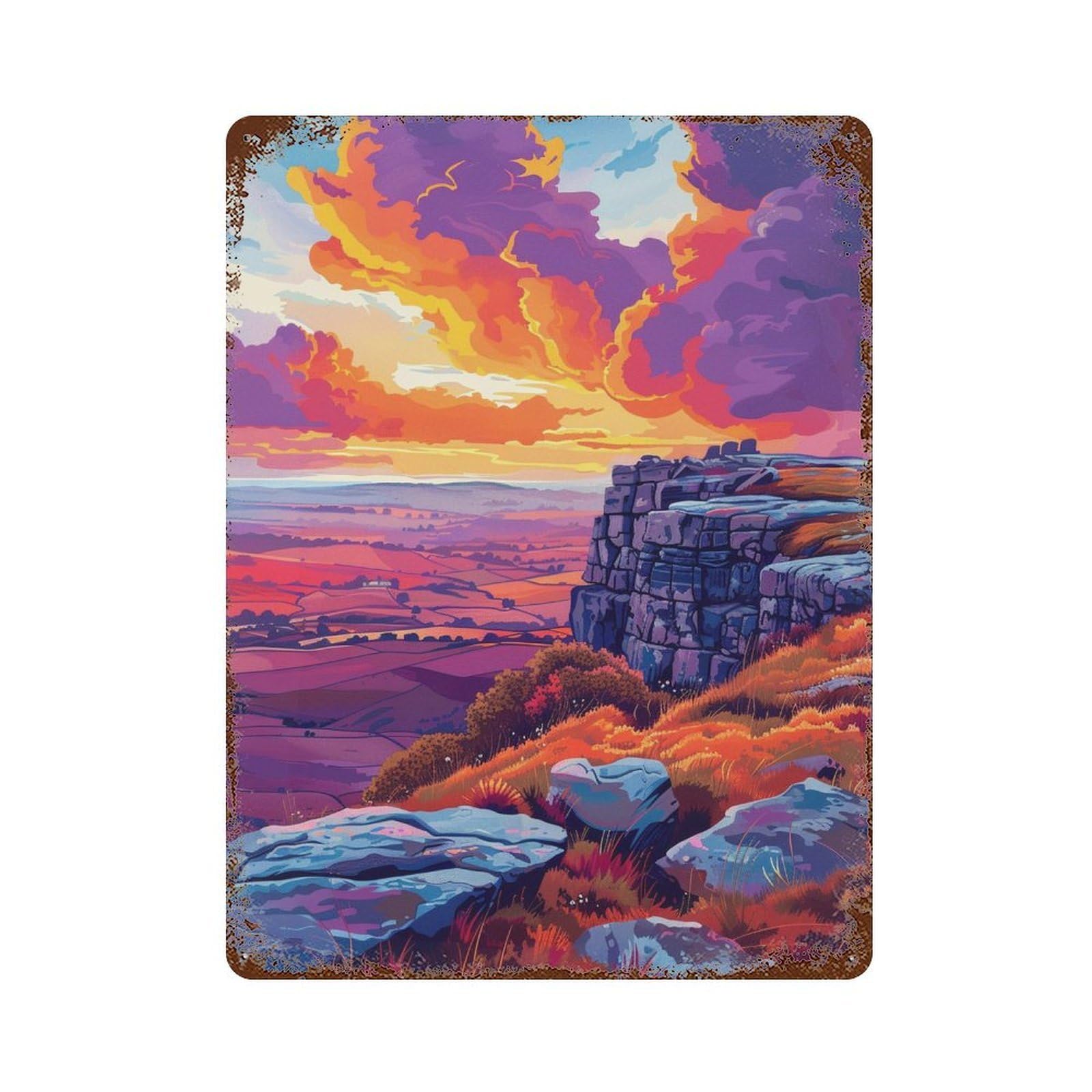 Colorful Sunset Landscape 15.7"x11.8" Vintage Rust Metal Sign, Classic Wall Plaque for Pub, Kitchen And Man Cave Decor