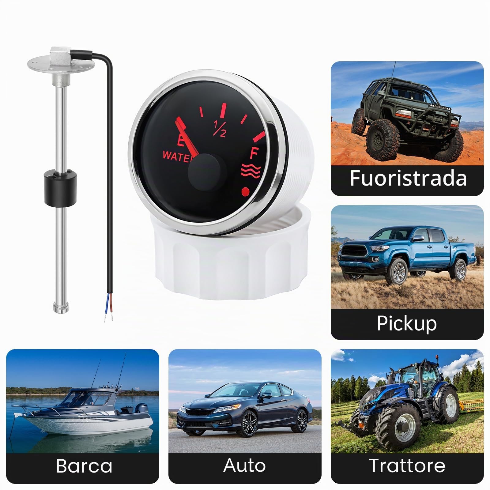 Barca a vela marina 52 mm (2 '') Indicatore del livello dell'acqua con retroilluminazione a 7 colori 12 V 24 V con 200 mm Sensore di invio livello acqua/carburante