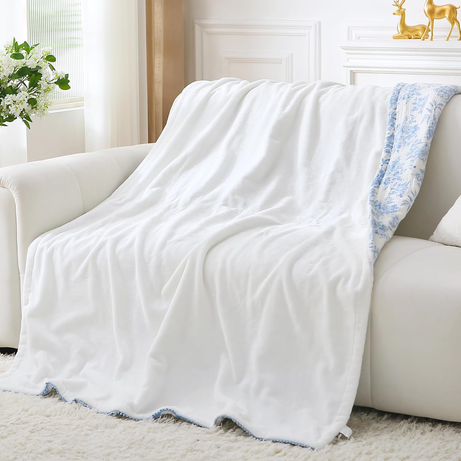 Viviland Fleece Throw Blanket Reversible Muslin Blankets, Soft Throw Blanket for Couch and Bed, Breathable Quilt Bedspread, Gauze Bedding for Adults, Large 50x70 inch, Blue Nerrah - Image 9