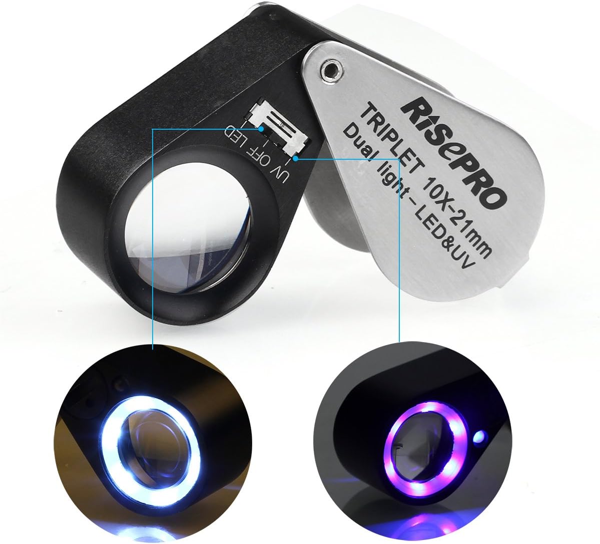 jewellers loupe, RISEPRO® 10x Magnification Jeweler Loupe Triplet Lens with 6 LED UV Light 21mm MG7802-10X