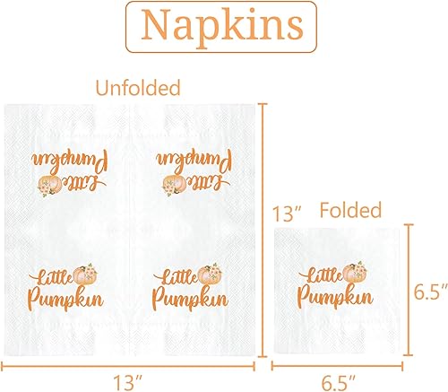 Miniatura 2 de Servilletas de calabaza naranja de 6.5 x 6.5 pulgadas para otoño, cumpleaños, baby shower, ideas de vajilla con texto en inglés "What Will Little