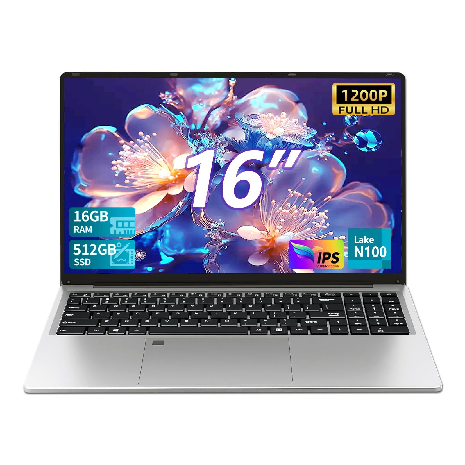 Portátil 16 Pulgadas Windows 11 Pro | Celeron N100, 16GB RAM, 512GB SSD | Teclado Retroiluminado Y Lector De Huellas | Batería 6000mAh