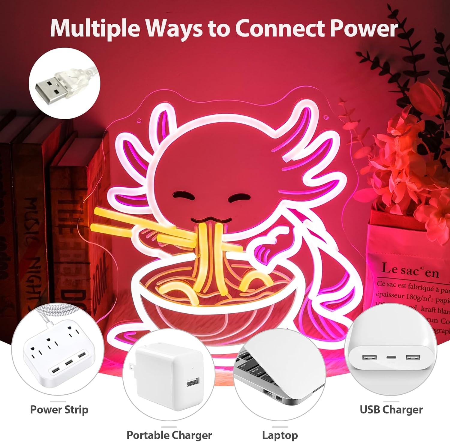 Axolotl Neon Sign, Dimmable Ramen Axolotl LED Neon Light, Cute Anime Japanese Noodles Light Up Sign, for Gaming Rooms Kids Bedrooms Themed Birthday Party Kitchen Living Room Wall Decor Gift