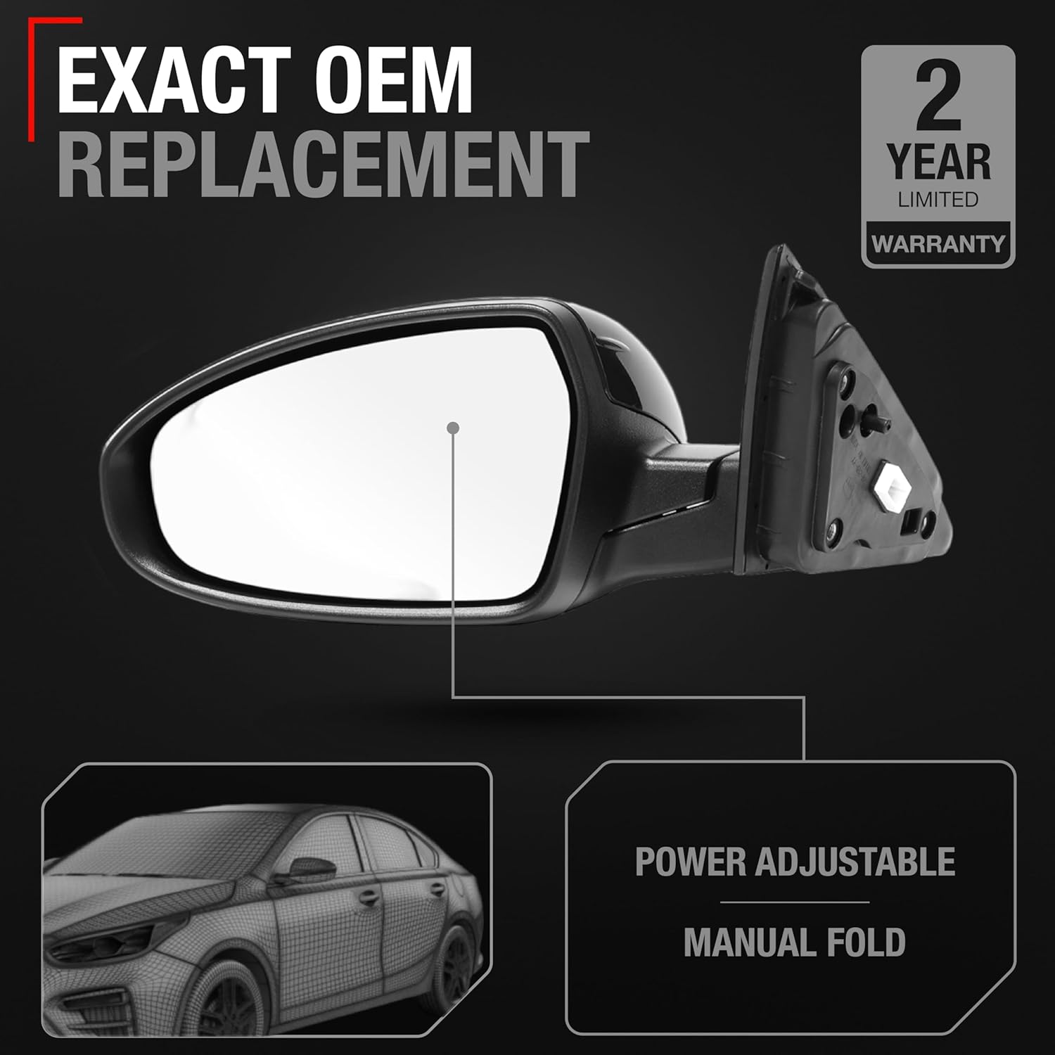 Driver Side Mirror Replacement - Compatible with 2019-2024 Kia Forte - Powered Adjustment, Manual Fold, Flat Glass - Smooth Black, 12H3P - OEM 87610M7000, KI1320226