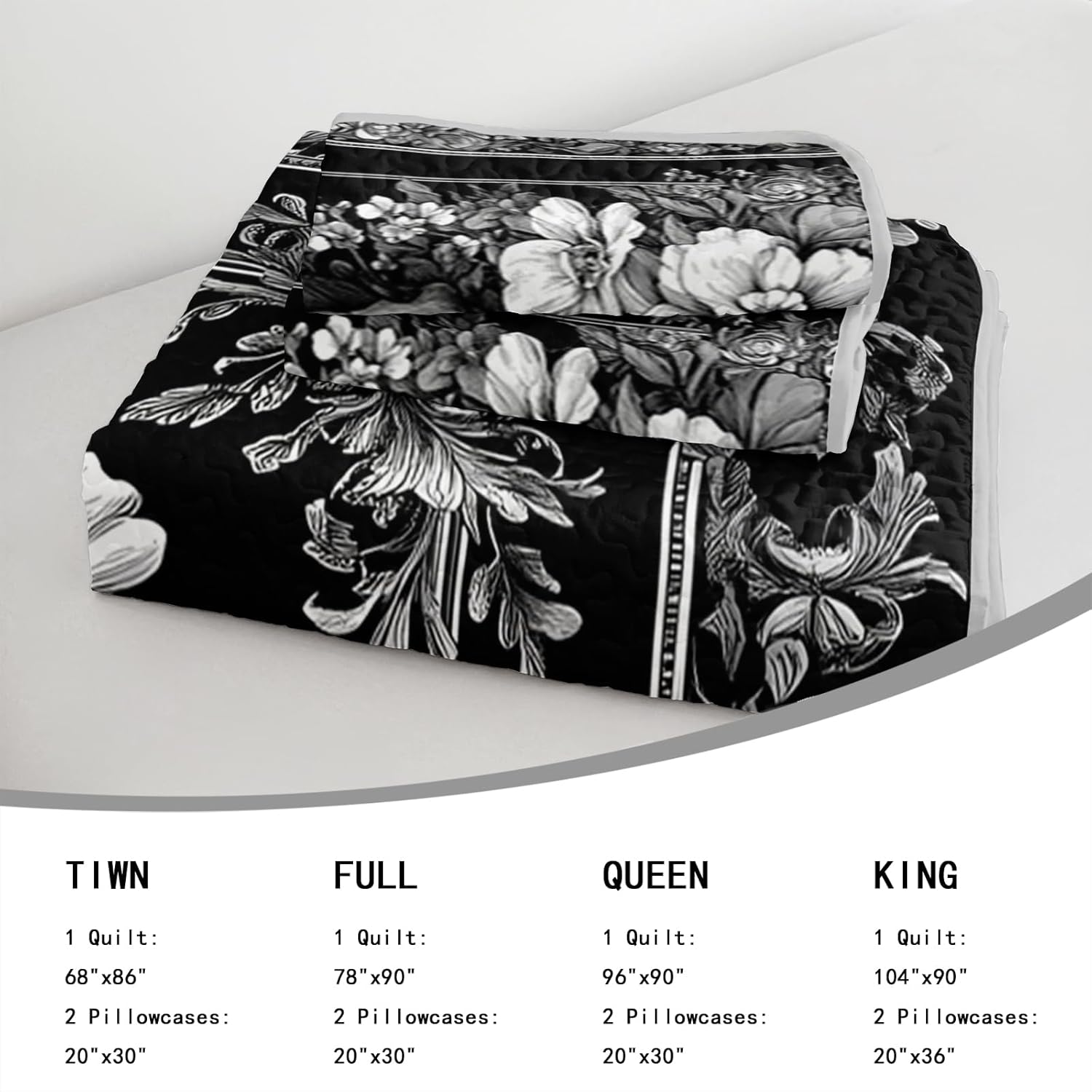 AILONEN Sugar Skull Gothic Quilt Set King Size,Black and White Luxury Bedspread Coverlet with 2 Pillowcases,Soft Lightweight 3-Piece Death Skeleton Bedding Set