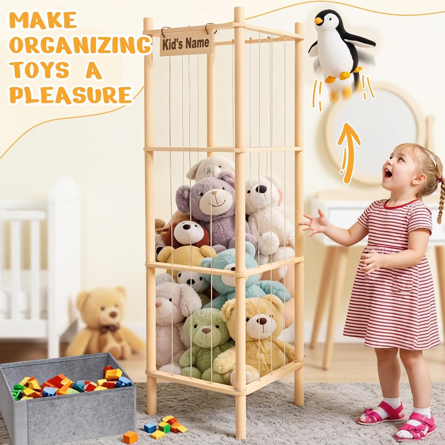 Stuffed Animal Storage with Toys Tray, 57In Large Wooden Stuffy Plushies Storage Holder Extra Large Capacity Stuffed Animals Zoo Organizer for Toddler Rooms, Playrooms & Bedrooms - Image 5