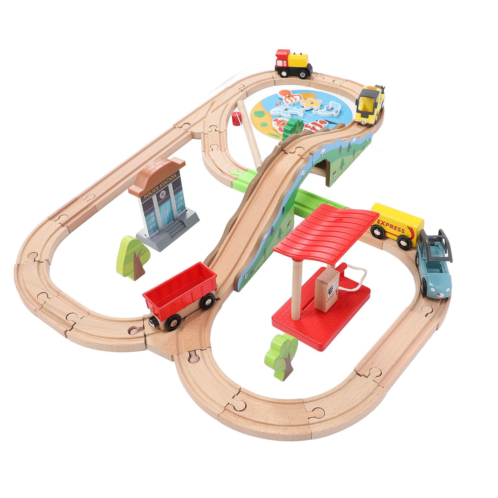 Alomejor Holzeisenbahnschienen-Set, Klassisches Stadtdesign mit Umweltfreundlichen Holz-ABS-Materialien, Realistische Eisenbahnmodelle für ab 2 Jahren