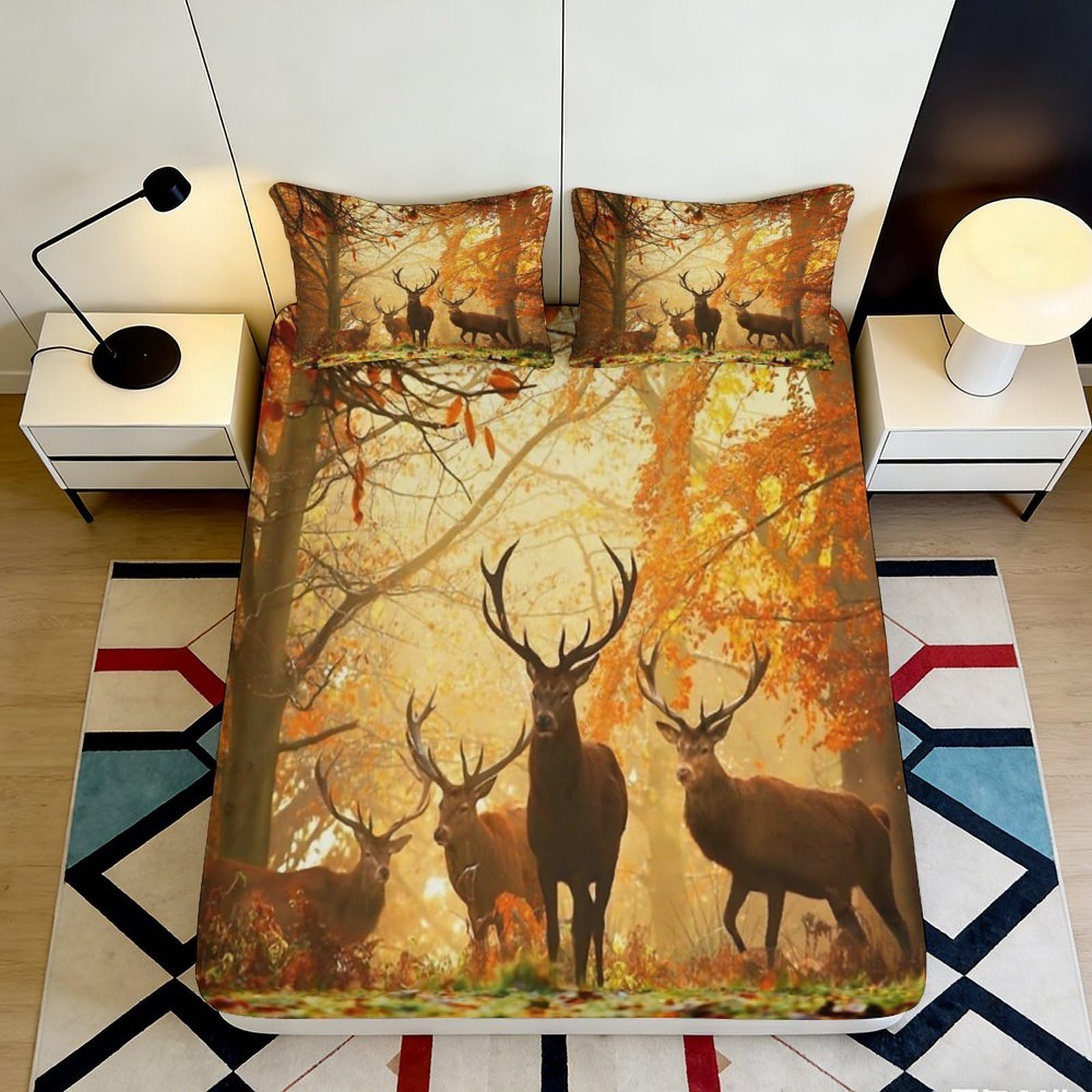 3D Printed Autumn Forest Deer Fitted Sheet Microfiber Soft Breathable Woodland Animal Mattress Cover for Bedroom Dorm Decor 120x200x25cm