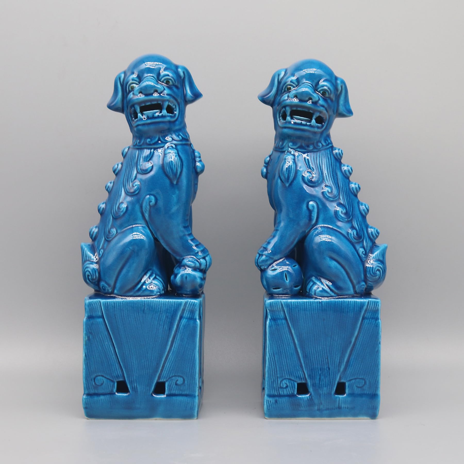 Eastern Tide Peacock Blue Chinese Foo Dog Statues, Ceramic Guardian Lions, Traditional Temple Figurines, Set Of 2 (Peacock Blue)