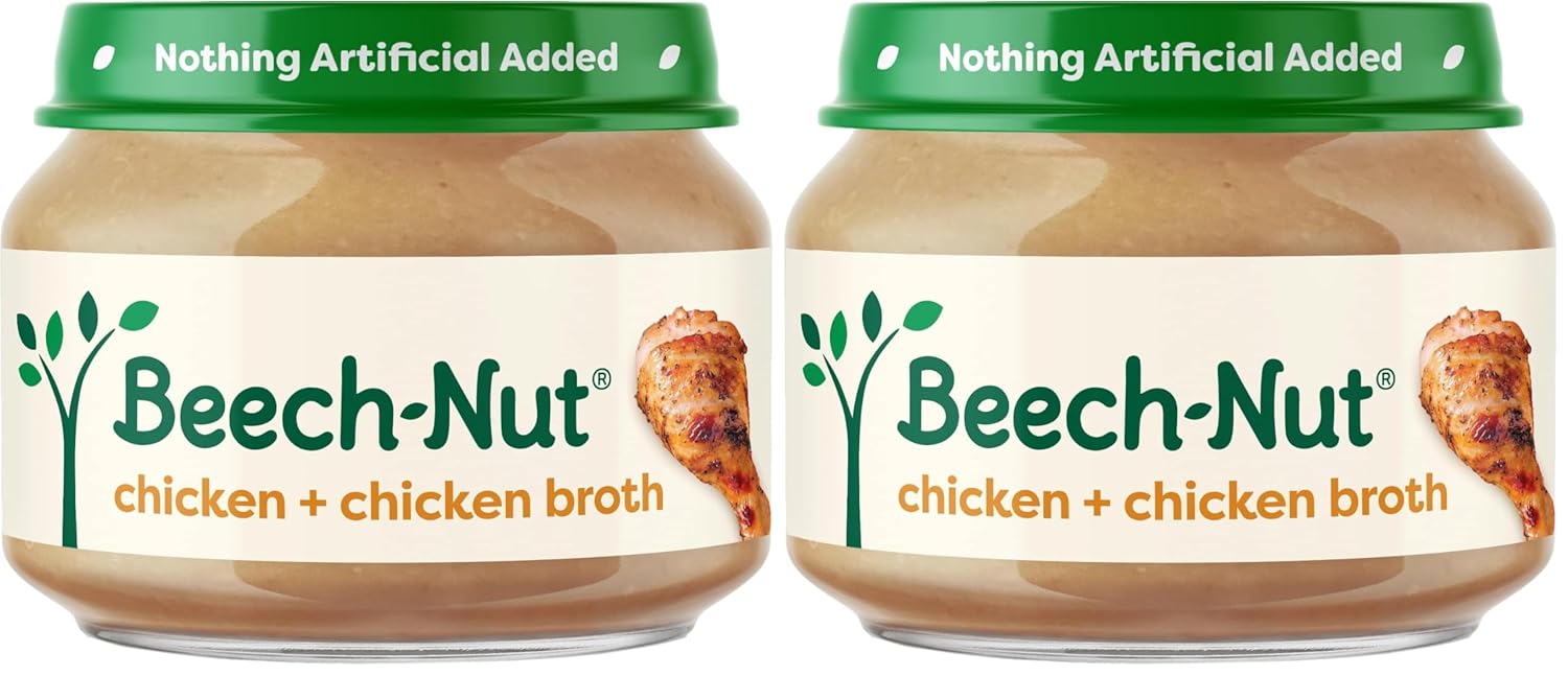 Beech-Nut Meat Baby Food Jars,Chicken & Chicken Broth Puree,7g Protein,Stage 1 Baby Food for Babies 4 Months and Up,2.5oz Glass Jars,10ct,(Pack of 2)