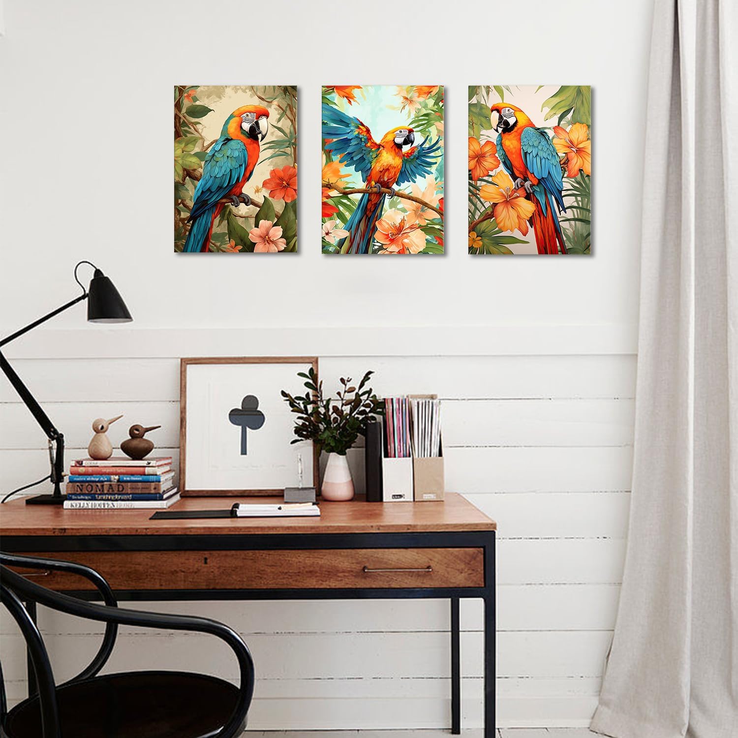 GLOKAKA Set of 3 Parrot Wall Art Colorful Parrot on Branch with Tropical Leaves Painting Pictures Wall Decor Colorful Birds Artwork for Living Room Bedroom Bathroom Decor